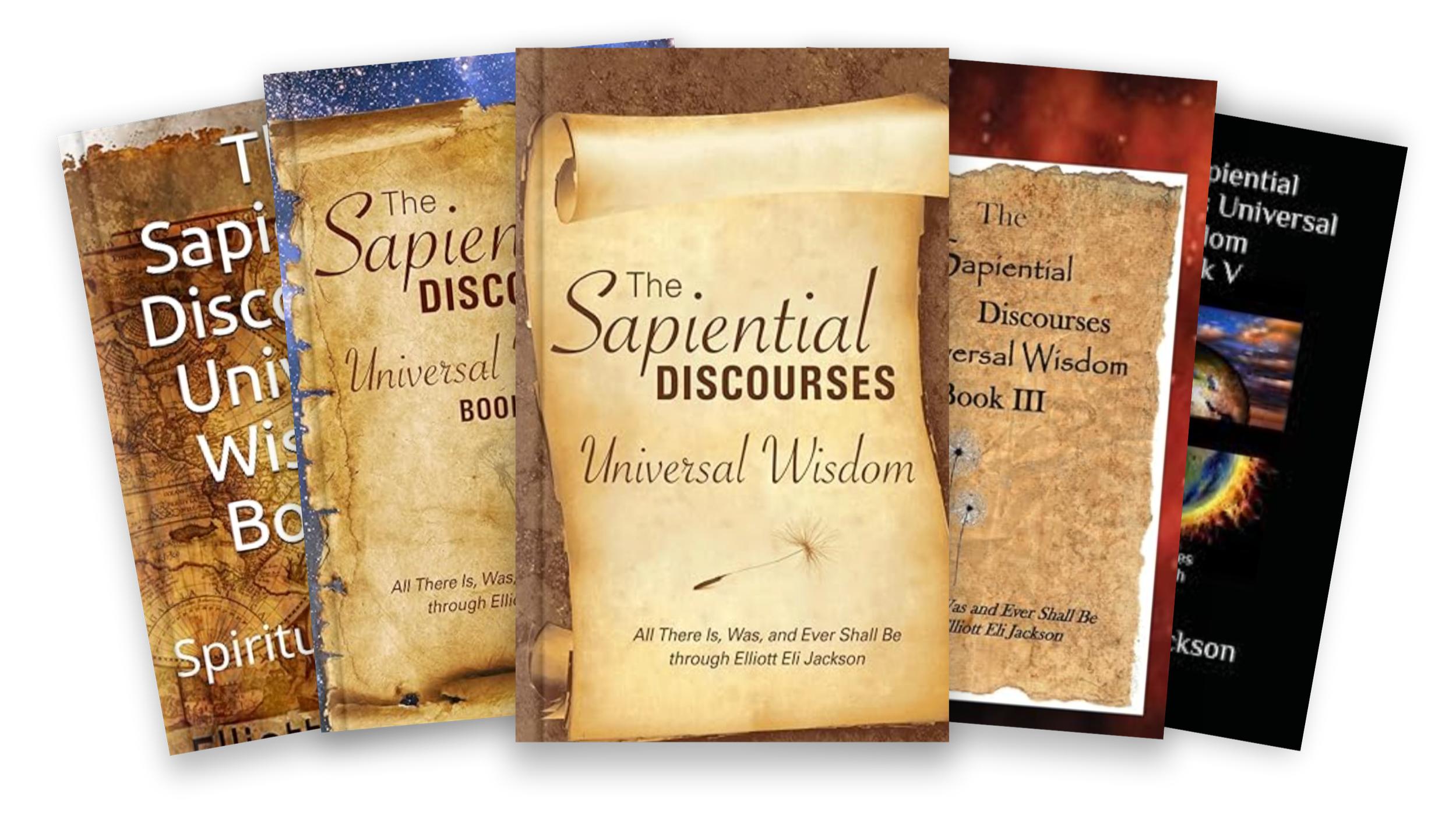 Multiple book covers titled 'The Sapiential Discourses: Universal Wisdom' by Elliott Eli Jackson, featuring ancient scroll, parchment, and space-themed backgrounds.