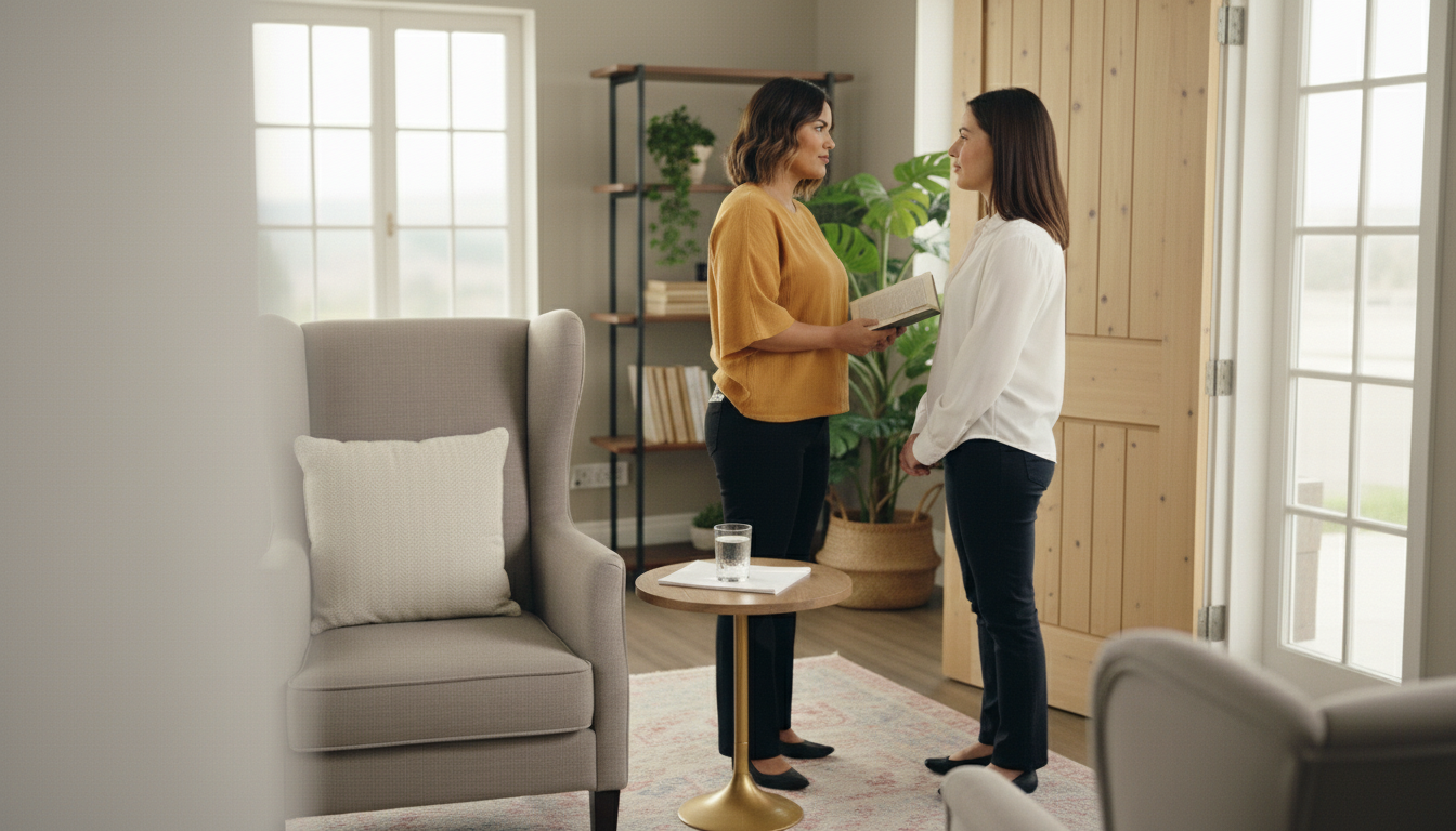 Two women meeting in a bright living room with a door and window, standing facing each other, one holding a book, and a small round table with a glass of water and papers.