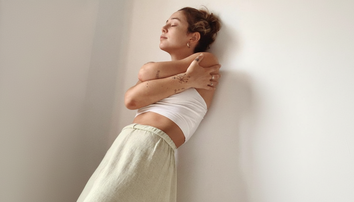 A woman with tattoos and earrings is standing against a white wall with her eyes closed, hugging herself with arms crossed over her chest.