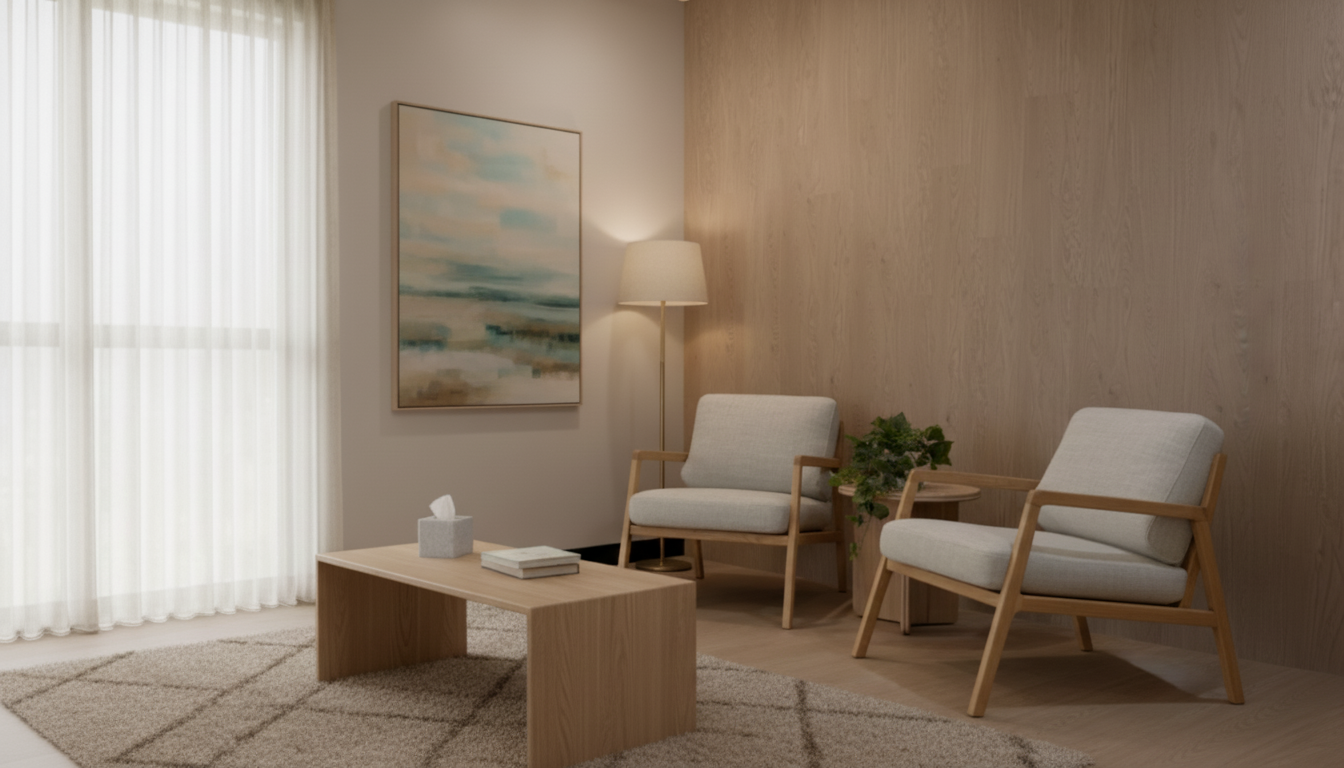 Living room with two beige armchairs, a wooden coffee table with books and tissue box, a beige rug, a wall-mounted painting, a floor lamp, a window with sheer curtains, and a wooden accent wall.