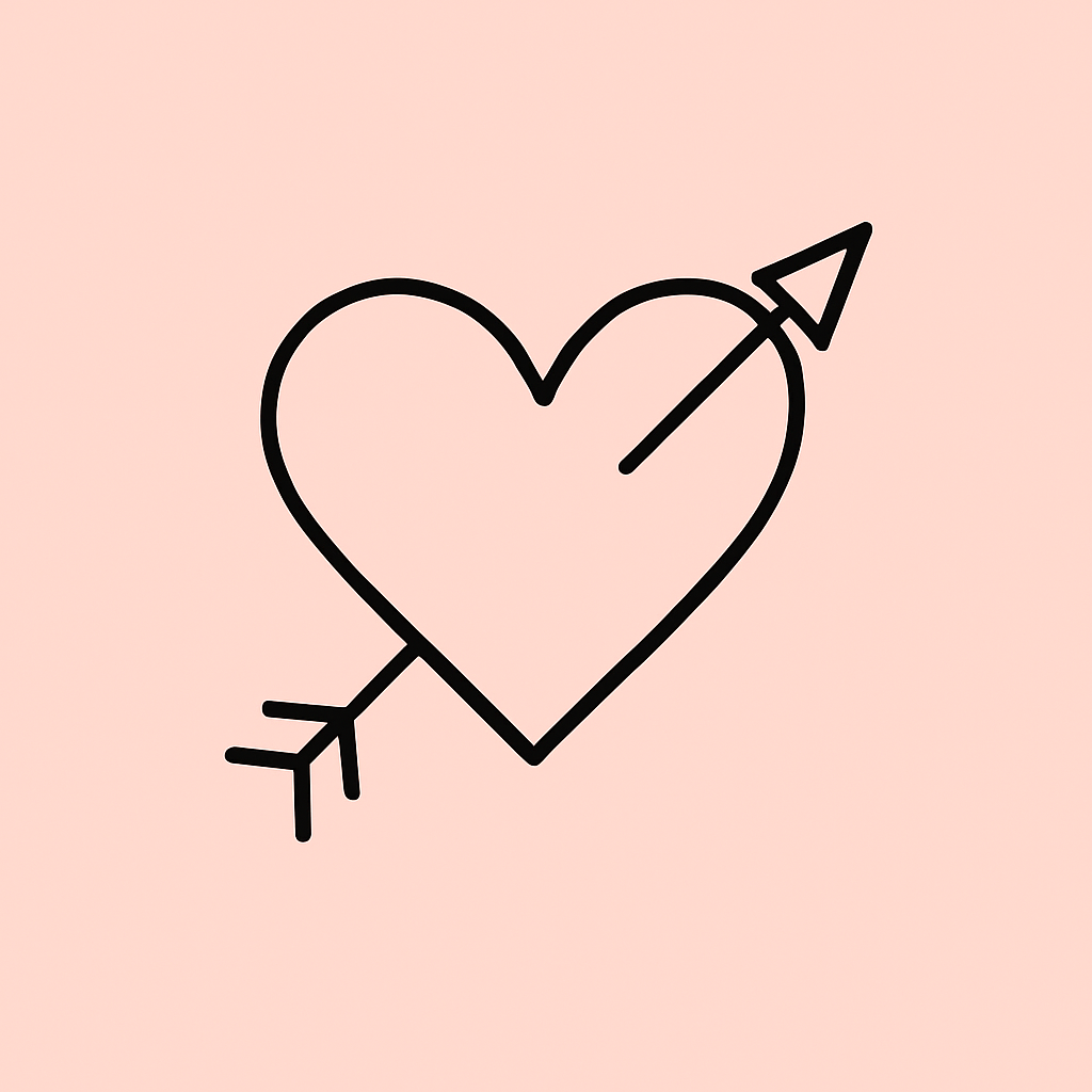 A black outline drawing of a heart pierced by an arrow on a light pink background.