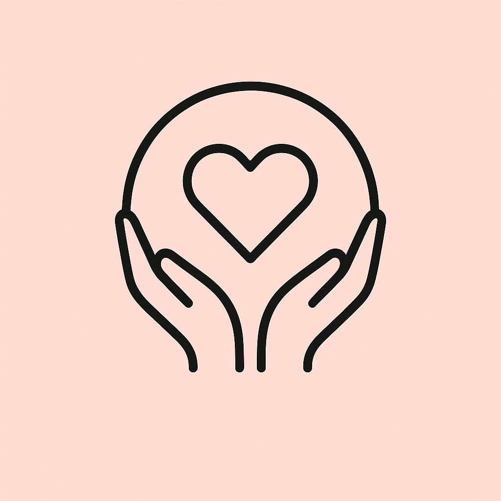 Minimalist line drawing of hands holding a heart on a pink background.
