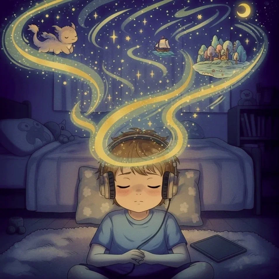 A young boy with headphones sitting peacefully in bed with closed eyes, dreaming of a magical night sky filled with stars, a flying unicorn, a sailing ship, and a small island with colorful trees.