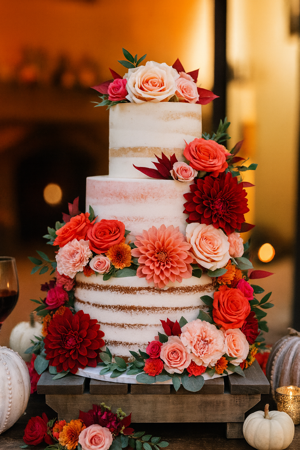 A three-tiered wedding cake decorated with peach, pink, and red roses, dahlias, and greenery, placed on a wooden stand.
