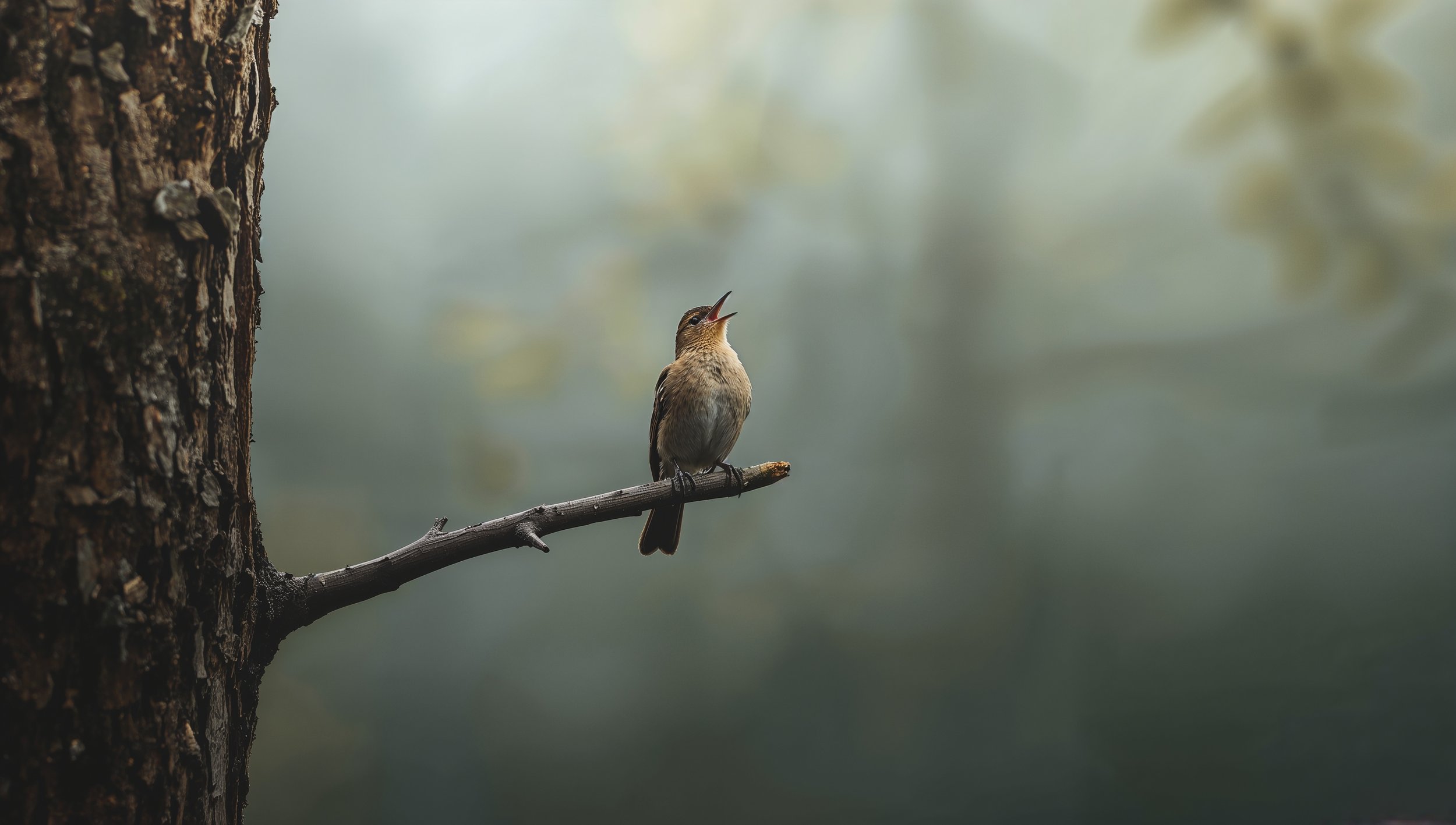 A small bird perched on a thin branch next to a tree trunk, singing with its beak open, against a blurred natural background.