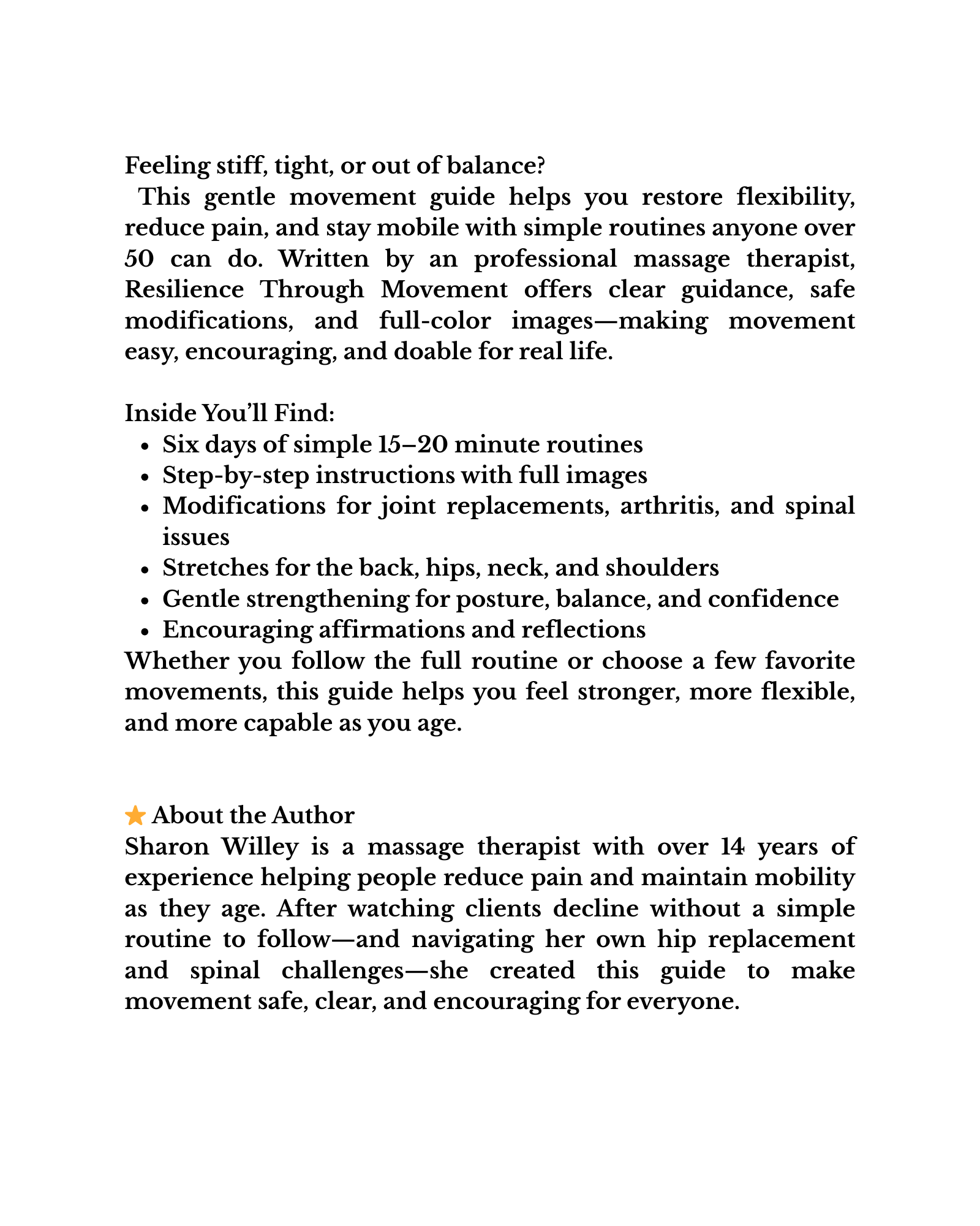  Back of the book cover, describing a flexible movement guide for pain relief and posture improvement.