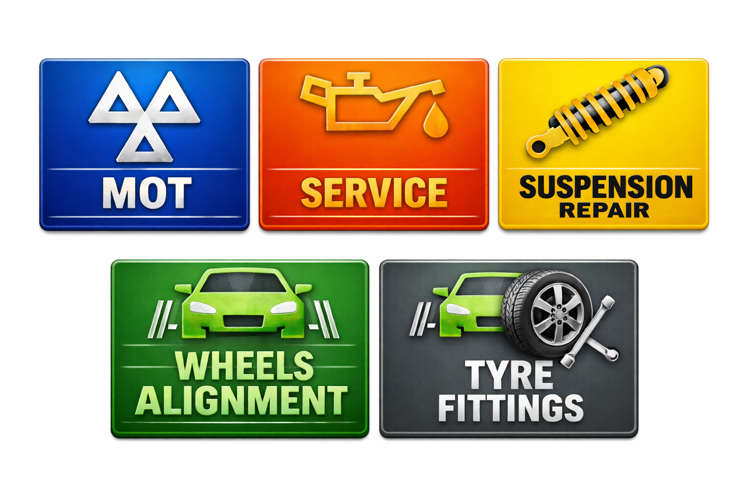 Set of five automotive service icons: MOT, engine oil check, suspension repair, wheels alignment, and tyre fittings, each in a colored square with relevant symbols and text.