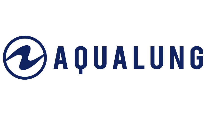 A logo with a stylized swirl icon inside a circle followed by the text 'Aqualung' in bold navy blue letters.