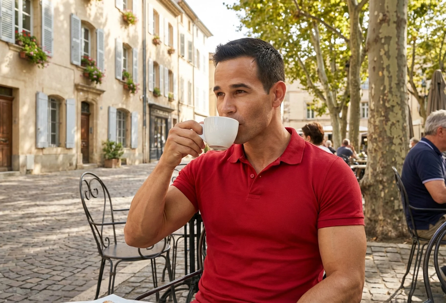 A man in a red polo shirt sitting at an outdoor cafe, drinking coffee or tea, with European-style buildings and trees in the background.