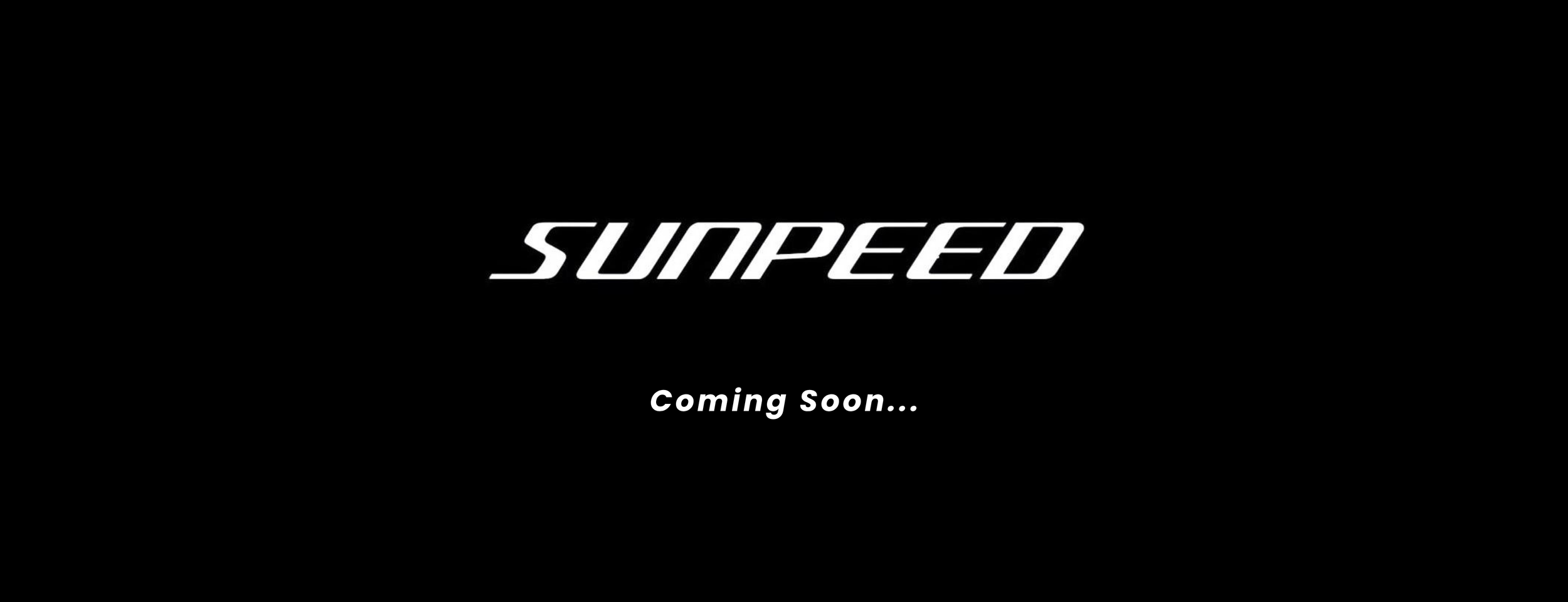 Black promotional image with the word 'SUNPEED' in bold white letters and the phrase 'Coming Soon...' below, along with abstract gray and black graphic elements.