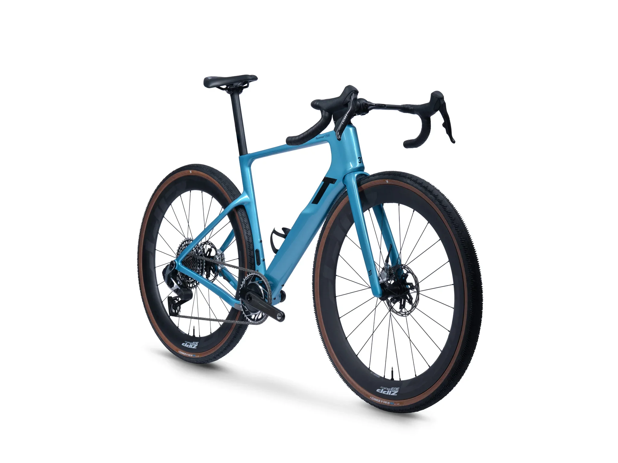 A black and gray Gusto racing bicycle with disc brakes and deep-section wheels, set against a dark background.