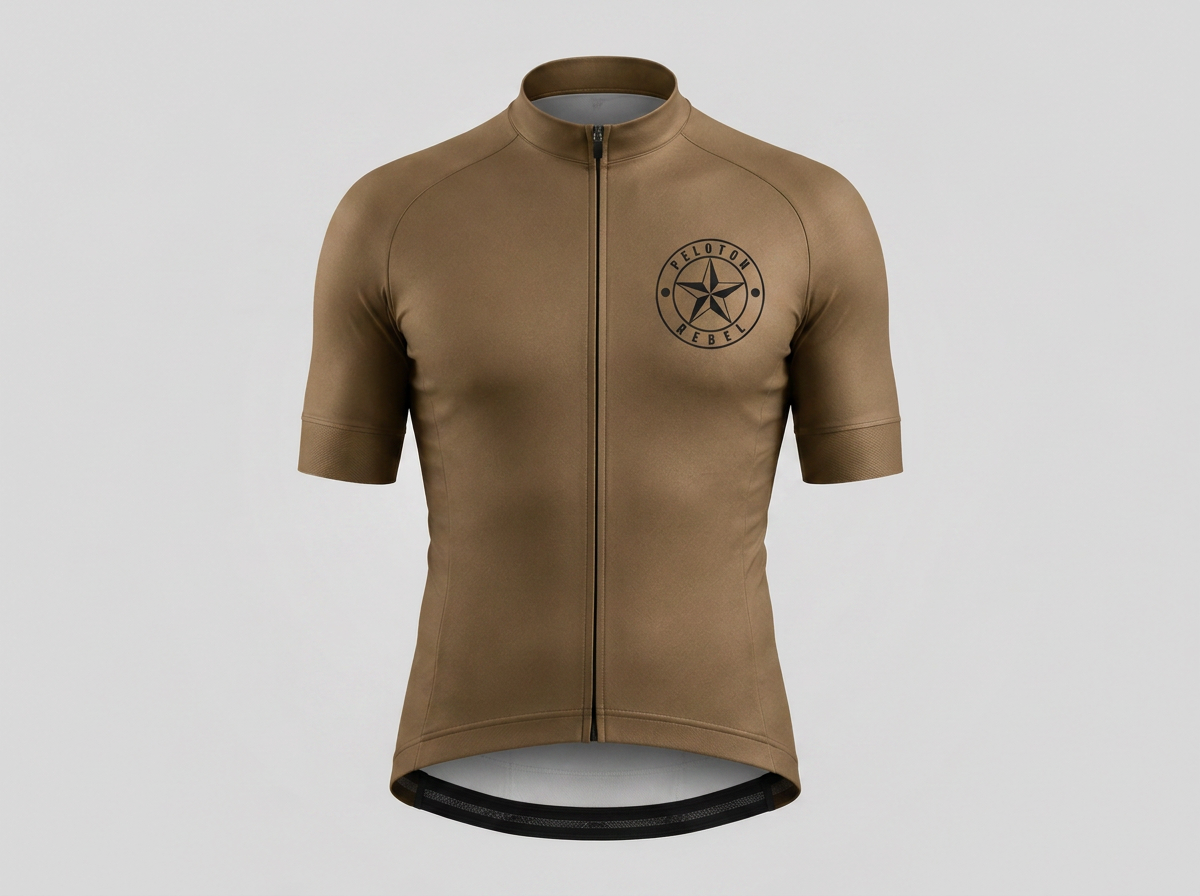 Beige cycling jersey with short sleeves, full front zipper, and Peloton Rebel logo on the left chest.