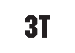 Close-up of a black logo with the text '3T' in bold, black font.