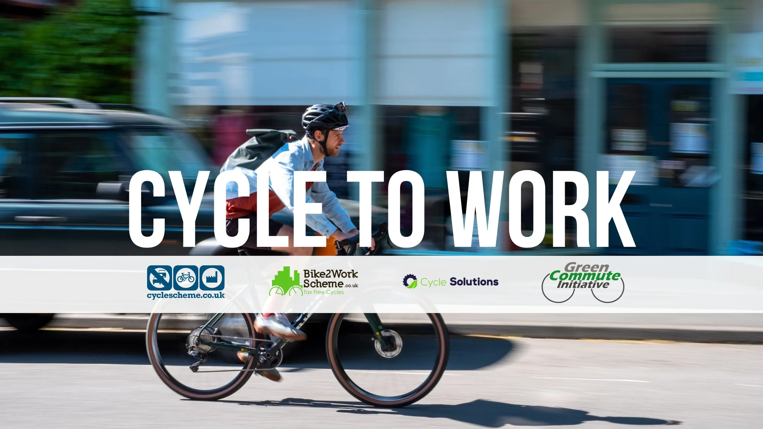 A person riding a bicycle on the street with a moving car in the background, promoting cycling to work.