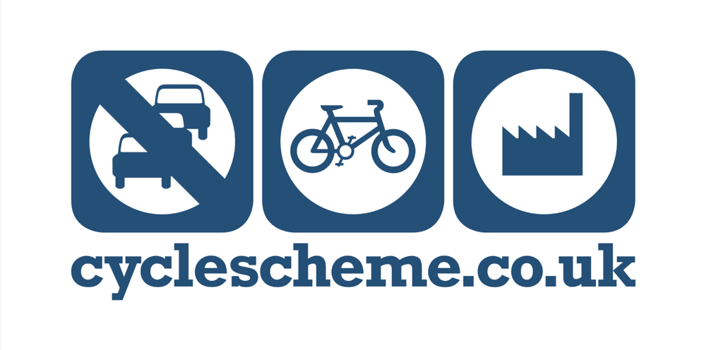 Icons indicating no cars, bicycle lane, and factory nearby, with the website cyclescheme.co.uk below.