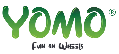 Yomo Bikes logo consisting of green letters spelling 'YOMO' with a black lettered caption 'fun on wheels' underneath