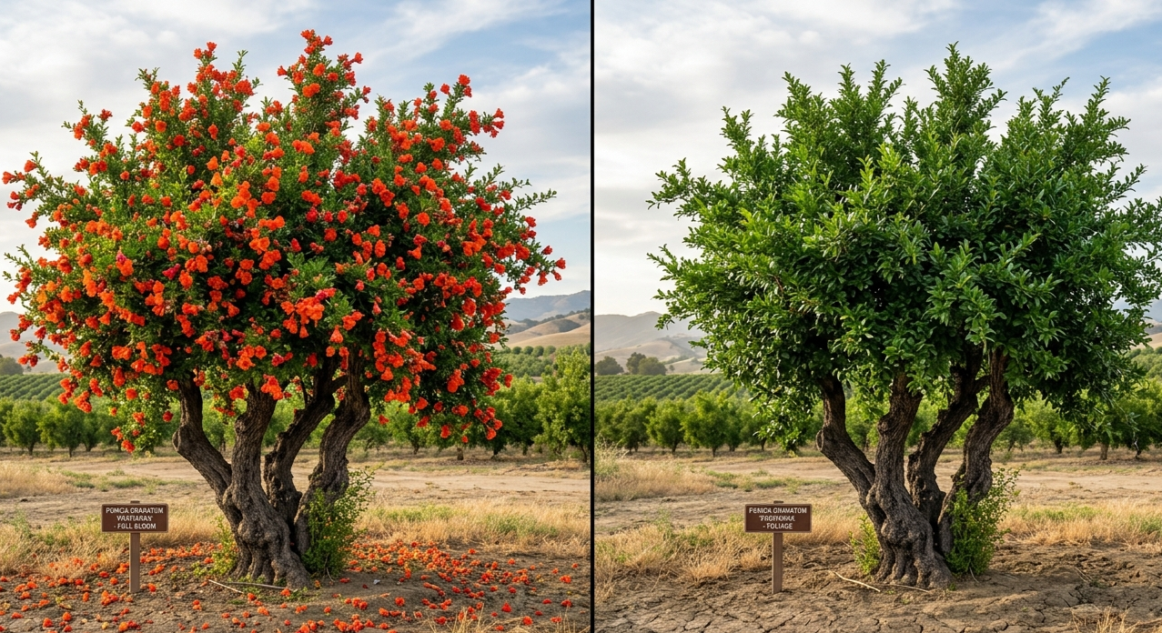 Side-by-side images of a flowering tree with red flowers on the left and a green-leaved tree on the right, in a rural landscape with hills in the background.