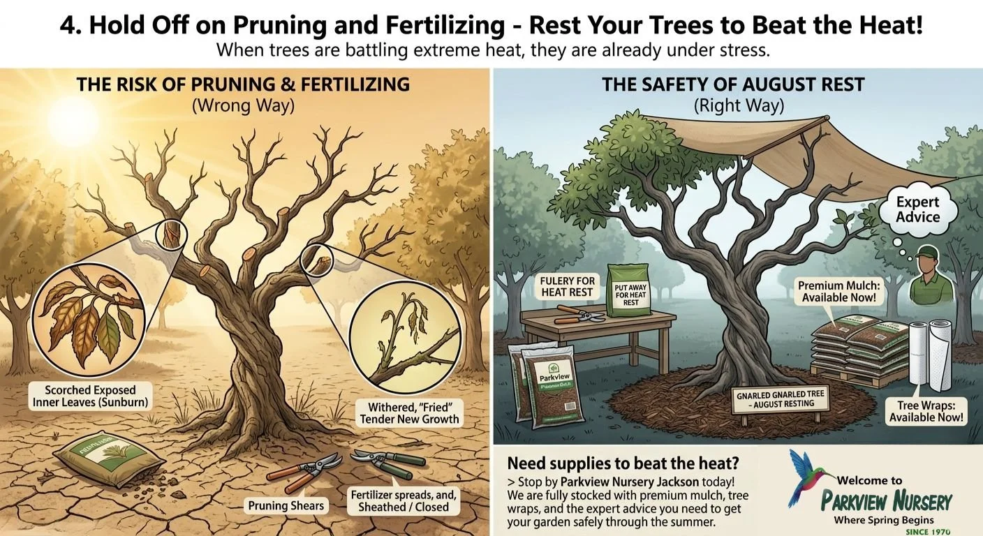 A diagram contrasting wrong and right tree pruning methods. The left side shows a stressed tree with sunburned, scorched leaves and broken, dead branches, indicating improper pruning. The right side depicts a healthy, properly shaded tree with mulch, tree wraps, and expert advice, illustrating appropriate summer tree care.