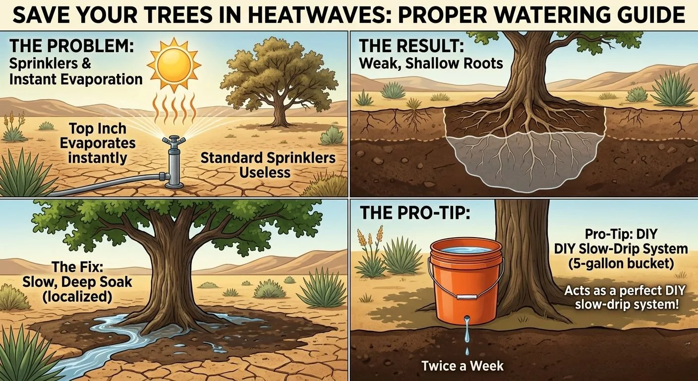 A guide showing how to water trees properly in heatwaves. The problem with sprinklers causing evaporation and shallow roots, and the solution of a slow soak through a DIY slow-drip system using a five-gallon bucket twice a week.