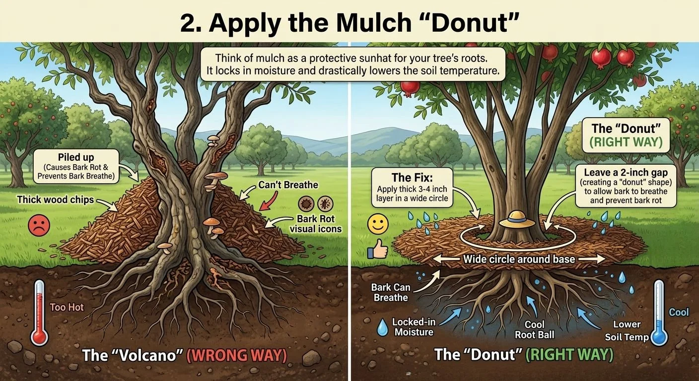 A comparative illustration showing the wrong way and the right way to apply mulch around a tree. On the left, mulch is piled up against the trunk causing bark rot, with visual indicators of a too hot ground temperature; on the right, a wide circle of mulch is relieved around the base, allowing the bark to breathe, with visual indicators of appropriate moisture and soil temperature.