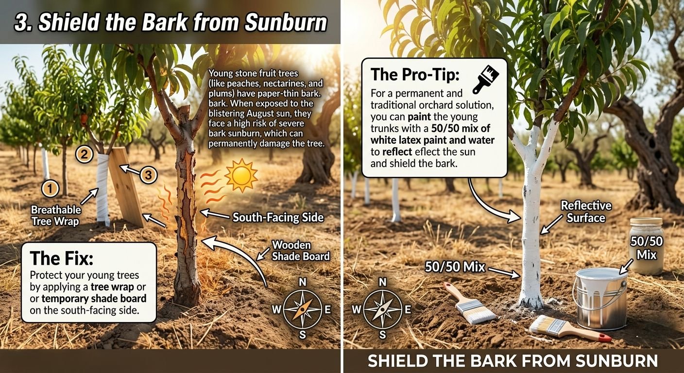 Guide on protecting young trees from sunburn using tree wraps and paint. The left side shows a young tree wrapped with a breathable tree wrap and a temporary shade board on the south side. The tree has thin bark that is vulnerable to sun damage. The right side illustrates painting the tree trunk with a 50/50 mix of white latex paint and water to reflect sunlight and protect the bark. The image includes tools, a paint can labeled 50/50 Mix, and compass directions for proper placement.