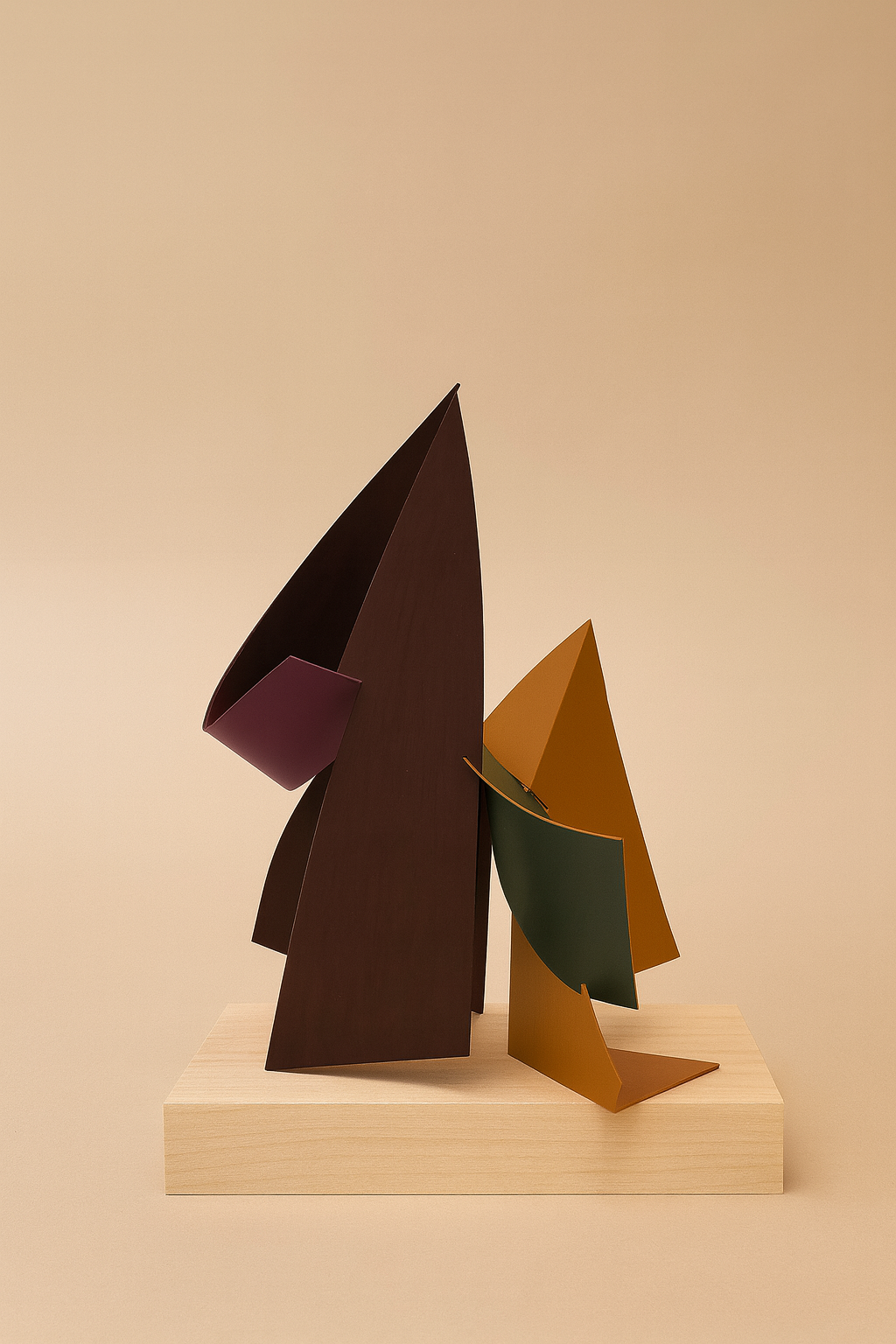 Abstract modern sculpture with curved geometric shapes in earthy tones on a light wooden pedestal against a beige background.