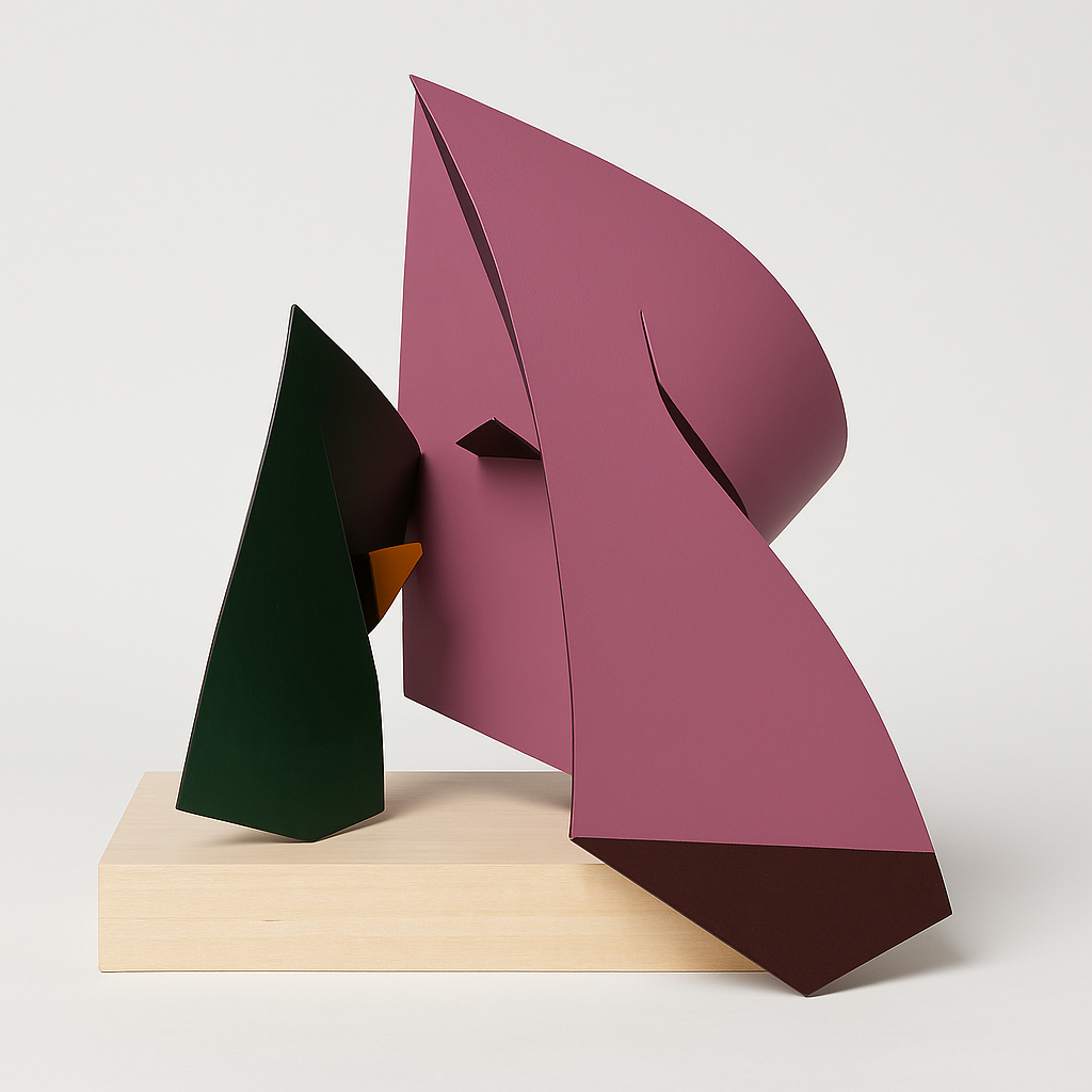 Abstract modern sculpture with large purple, green, and black geometric shapes on a wooden base