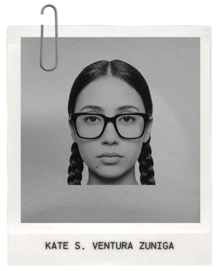 Black and white portrait of a woman with long braids wearing large glasses, with the name Kate S. Ventura Zuniga printed below.