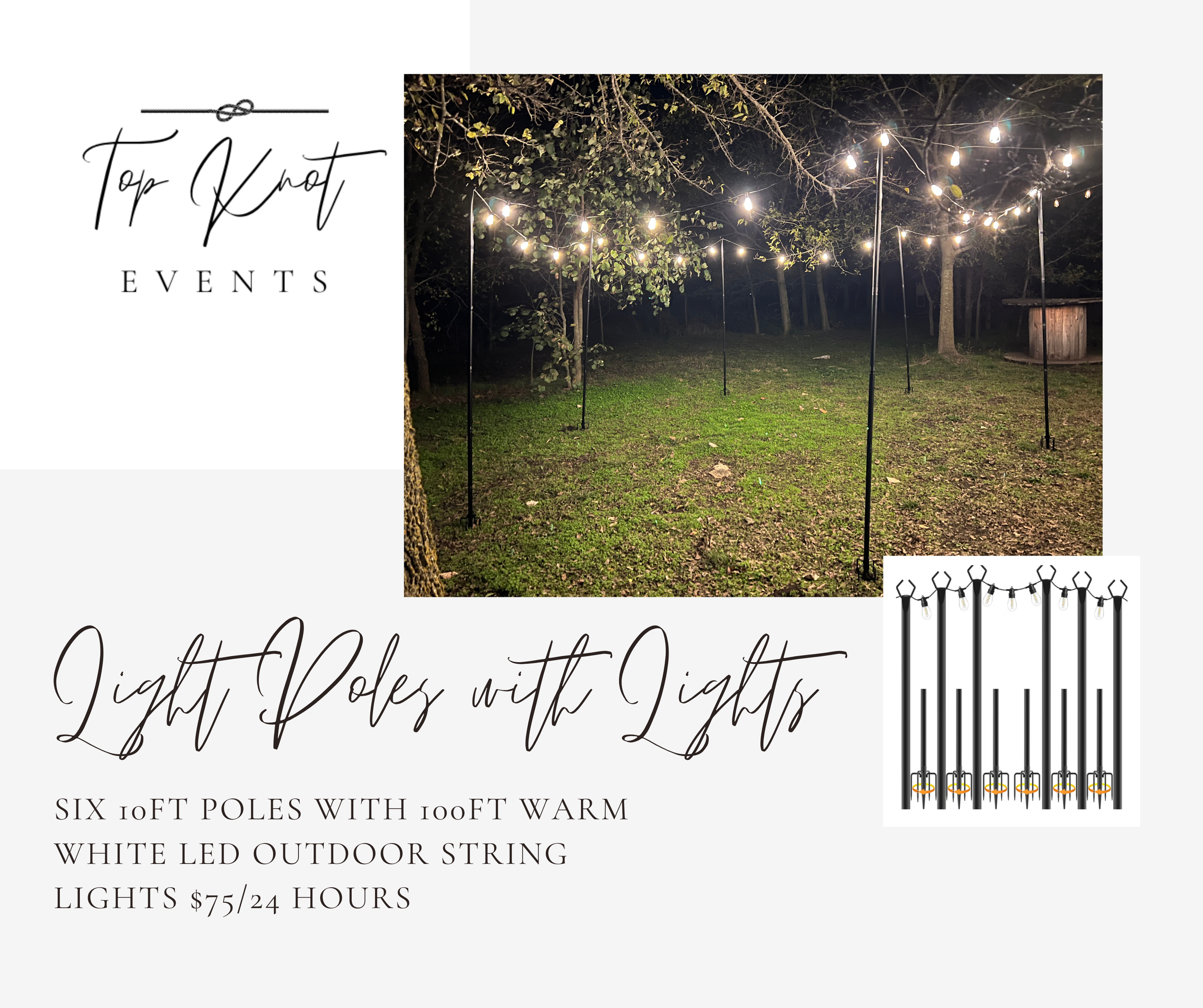 Nighttime outdoor scene with string lights hanging from black poles, illuminating a grassy area with trees in the background, advert for outdoor string lights featuring a small inset image of the product.