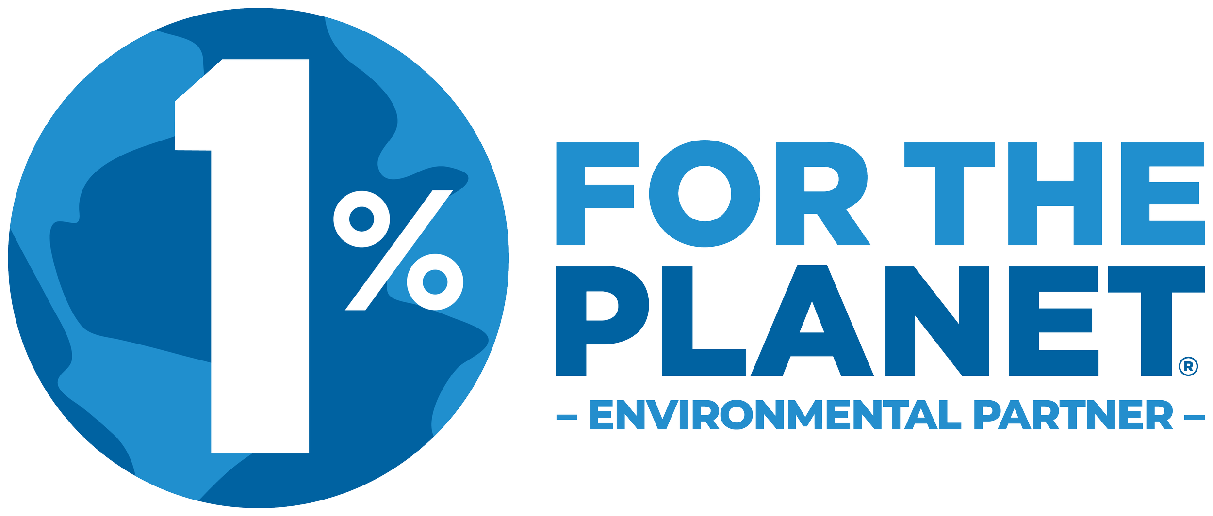 Logo for the organization '1% for the Planet,' with a blue globe in the background and text stating '1% for the Planet - Environmental Partner'.