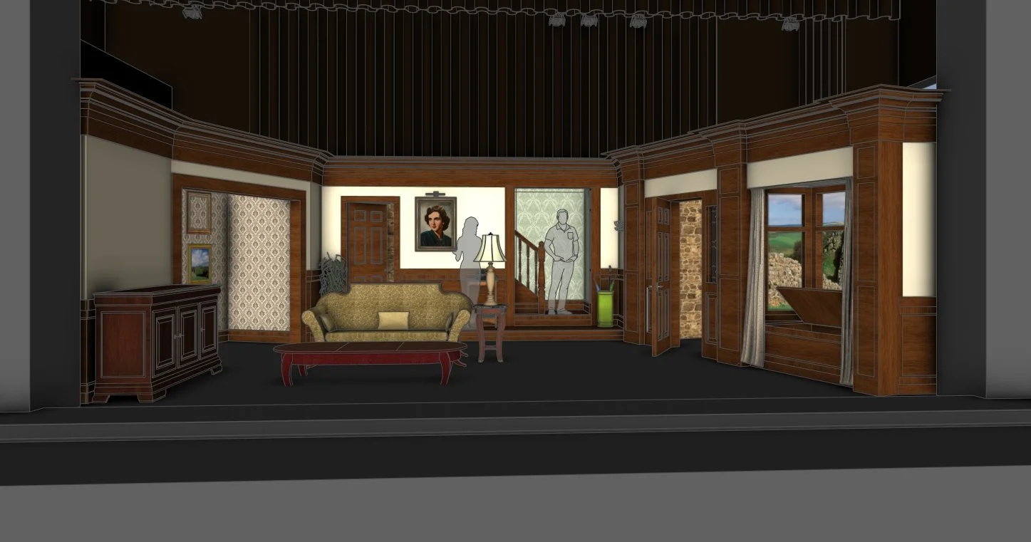 Digital rendering of a vintage-style living room with wooden paneling, a beige sofa, a wooden coffee table, lamp, and framed artwork on the wall, with windows showing an outdoor landscape.