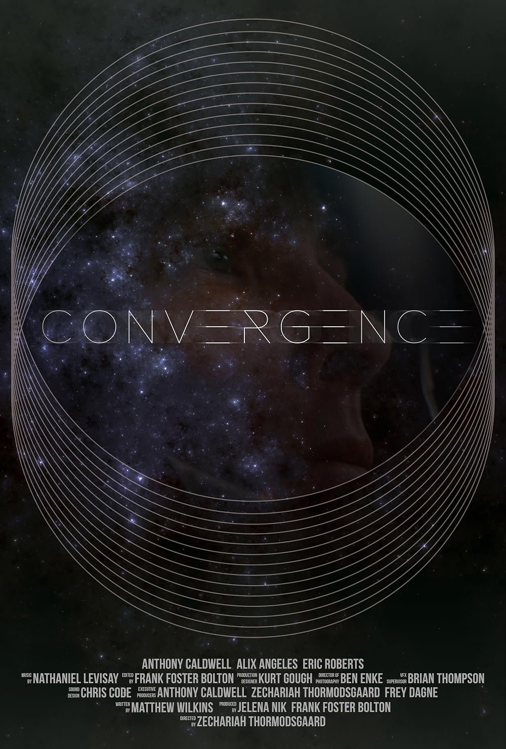 A promotional poster for the movie "Convergence" featuring a galaxy background with a subtle face of a person, circular lines, and a list of cast and crew at the bottom.