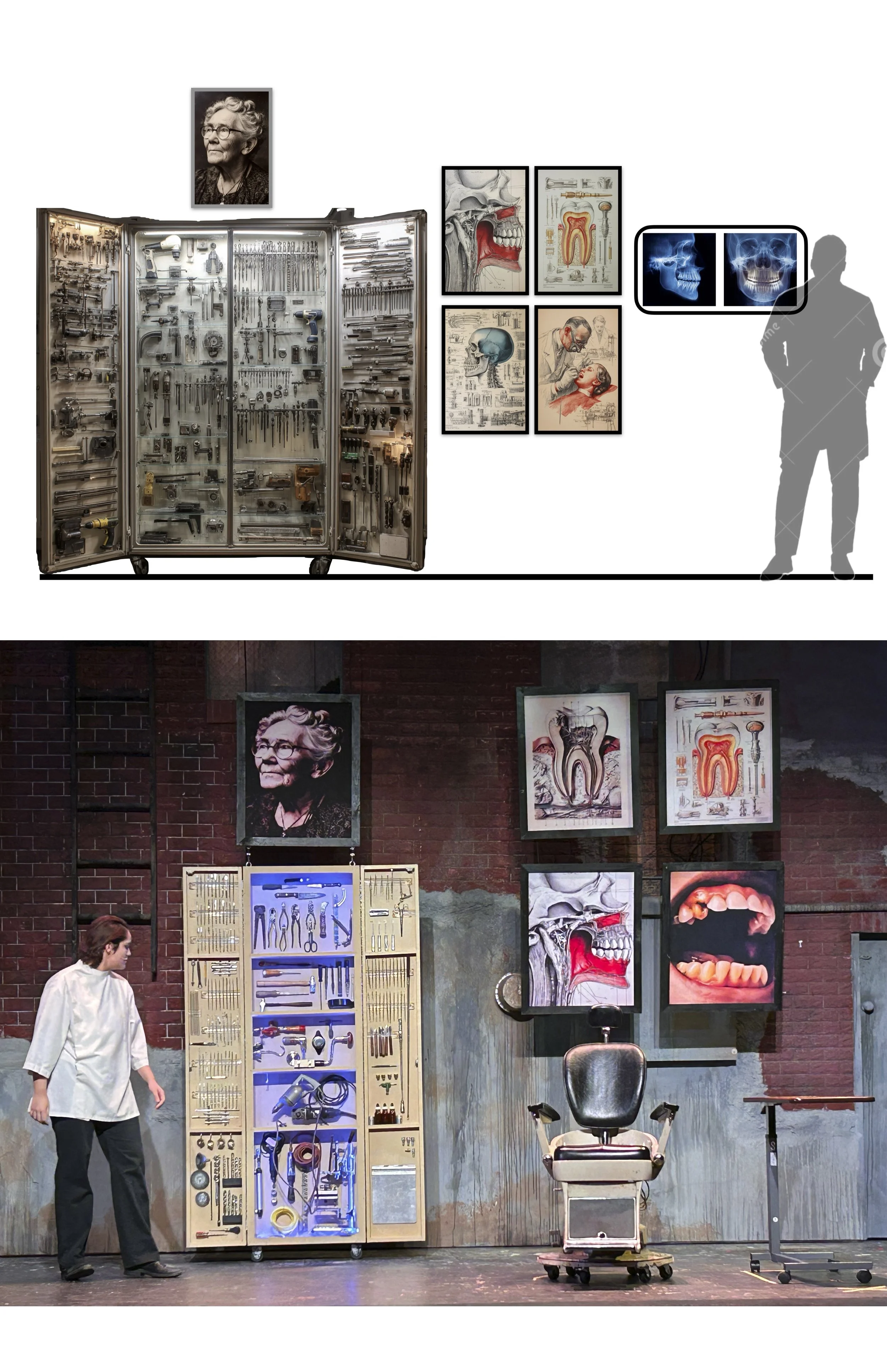 A scenic design sketch and a photo of the final scenery. It includes anatomical illustrations, tools, and a vintage dentist's chair. The walls are brick with various framed images, drawings, and diagrams related to dentistry and anatomy.