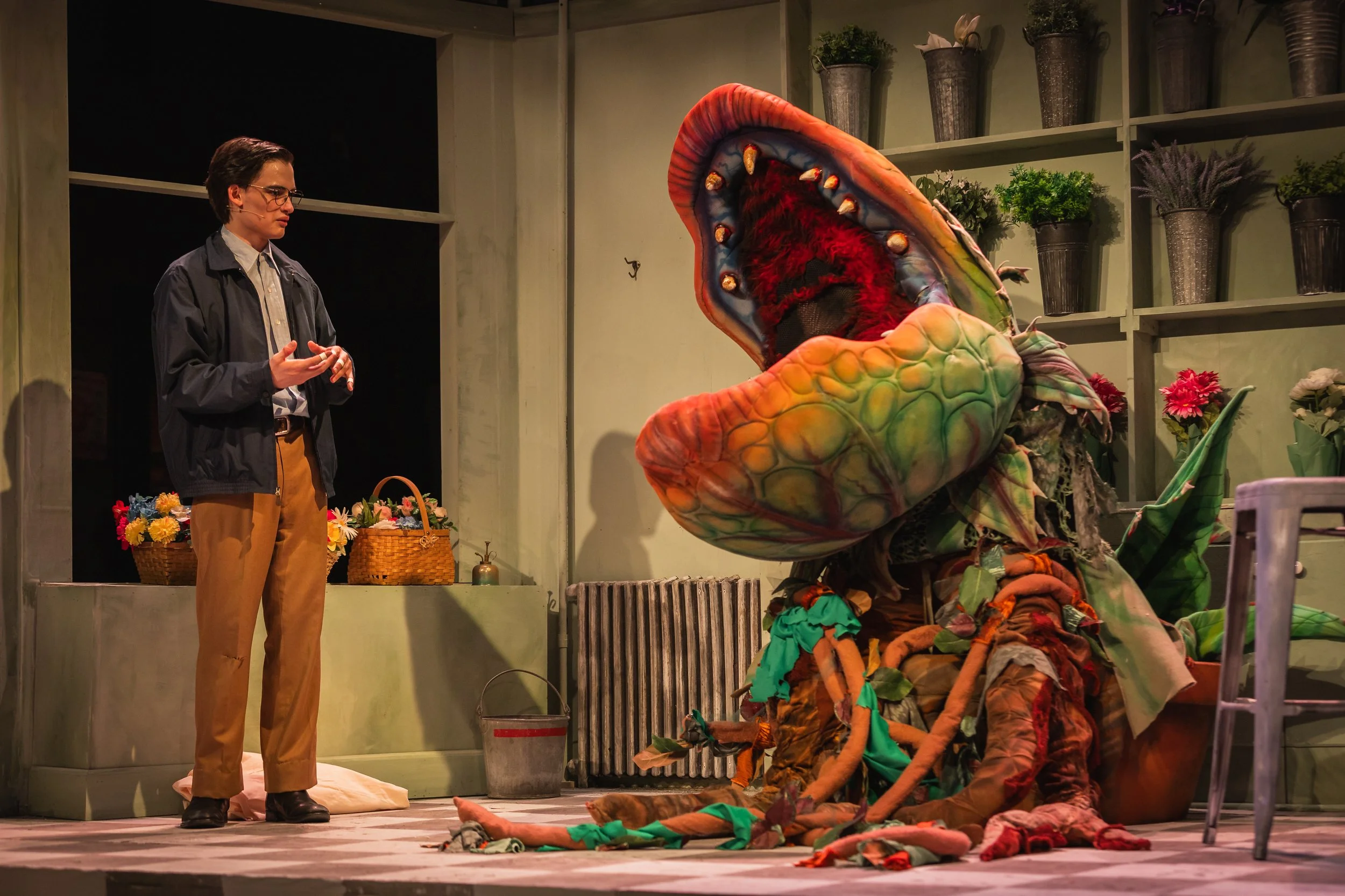 A person with glasses wearing a dark jacket and tan pants standing on a stage talking to a colorful, cartoonish, flesh-eating plant.