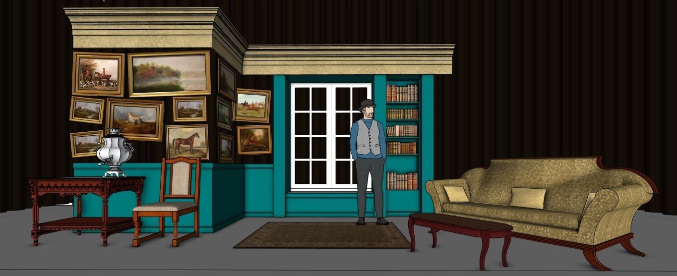 Interior scene of a vintage-style living room with dark wood-paneled walls, a gold-framed collection of landscape and portrait paintings, a red side table with a porcelain vase, a wooden chair with a cushioned seat, a teal bookshelf filled with books