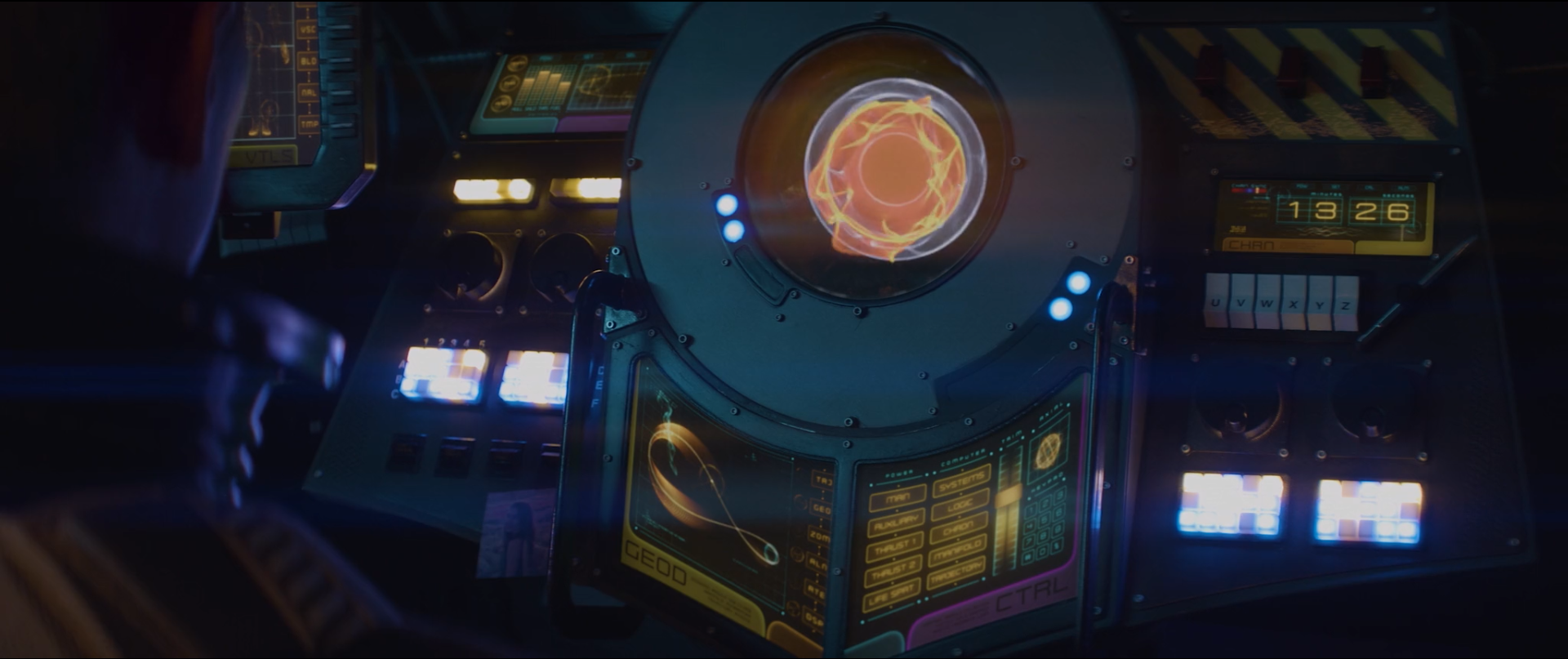 Futuristic spaceship cockpit with holographic displays and control panels, featuring glowing circular interface at the center