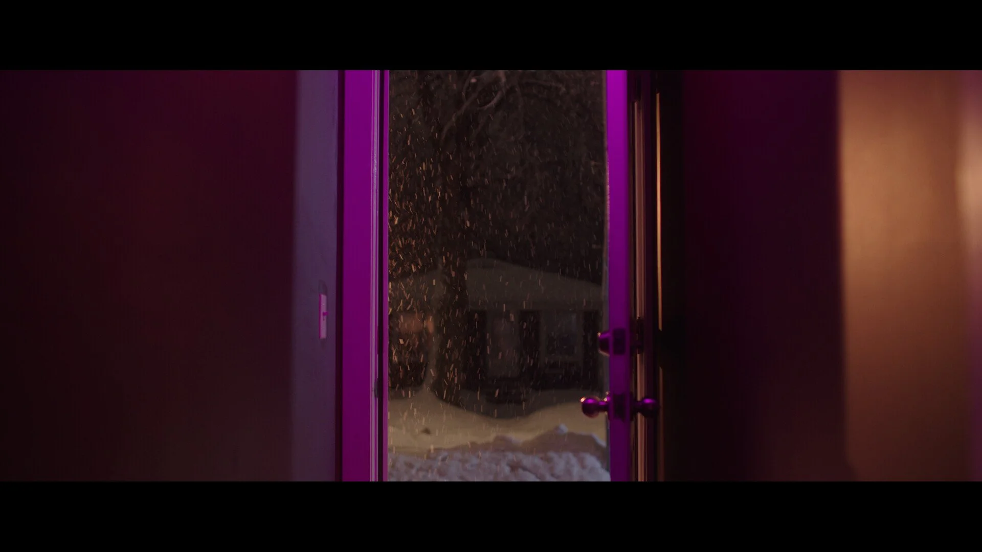 Snow falling outside a doorway illuminated with purple and yellow lights.
