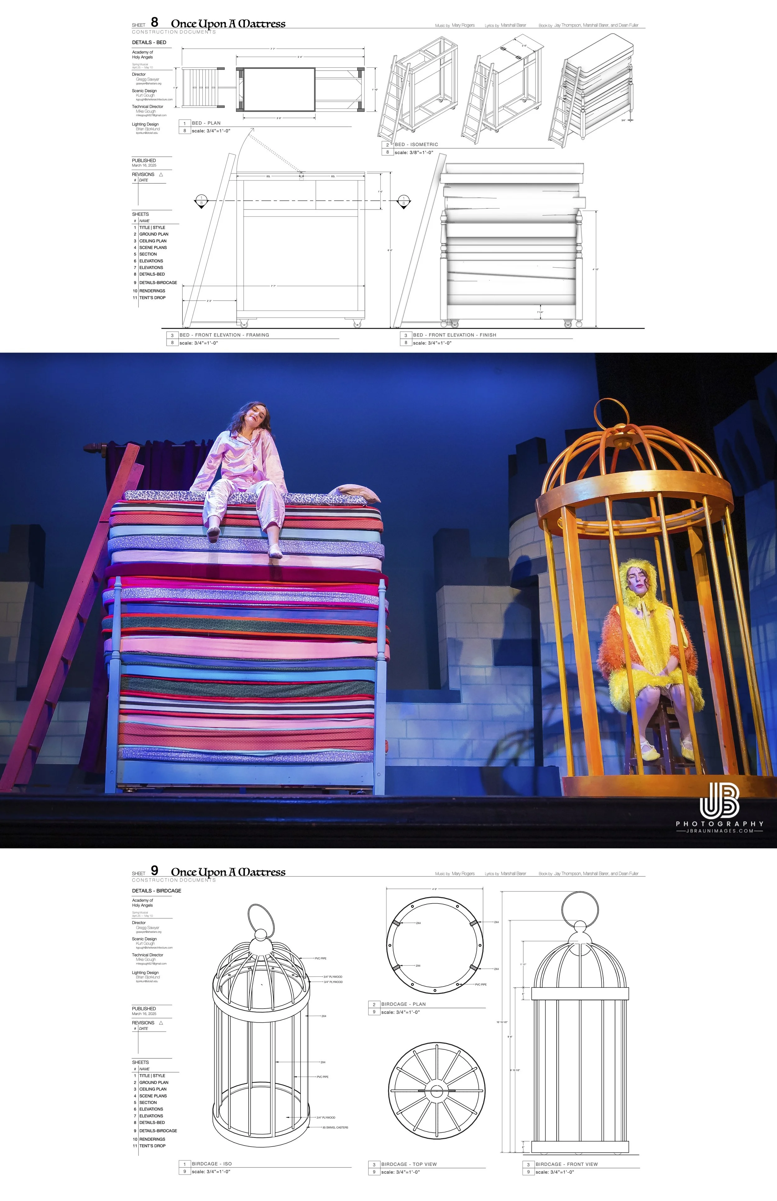 Diagram and photo from a theatrical set design for 'Once Upon A Time' featuring multiple views of a decorated bed and a large birdcage prop; the set includes detailed technical drawings and a scene with a performer in costume sitting on stacked mattr