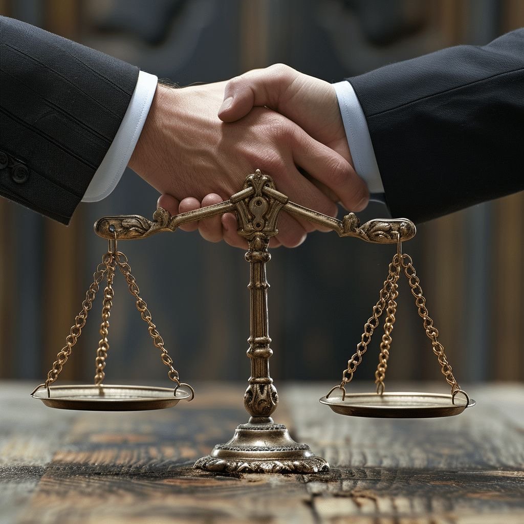 Deux mains en costume de finale se serrent au-dessus d'une balance en métal, symbole de justice.