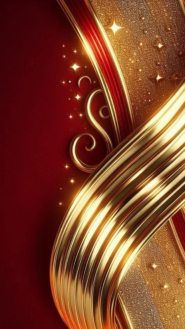 Motifs en or et rouge avec des lignes ondulées, des étoiles brillantes et un fond scintillant.