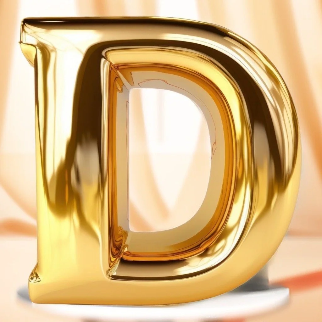 Une grande lettre D en or brillant, sculptée avec des reflets lumineux, placée sur une surface blanche devant un fond beige.