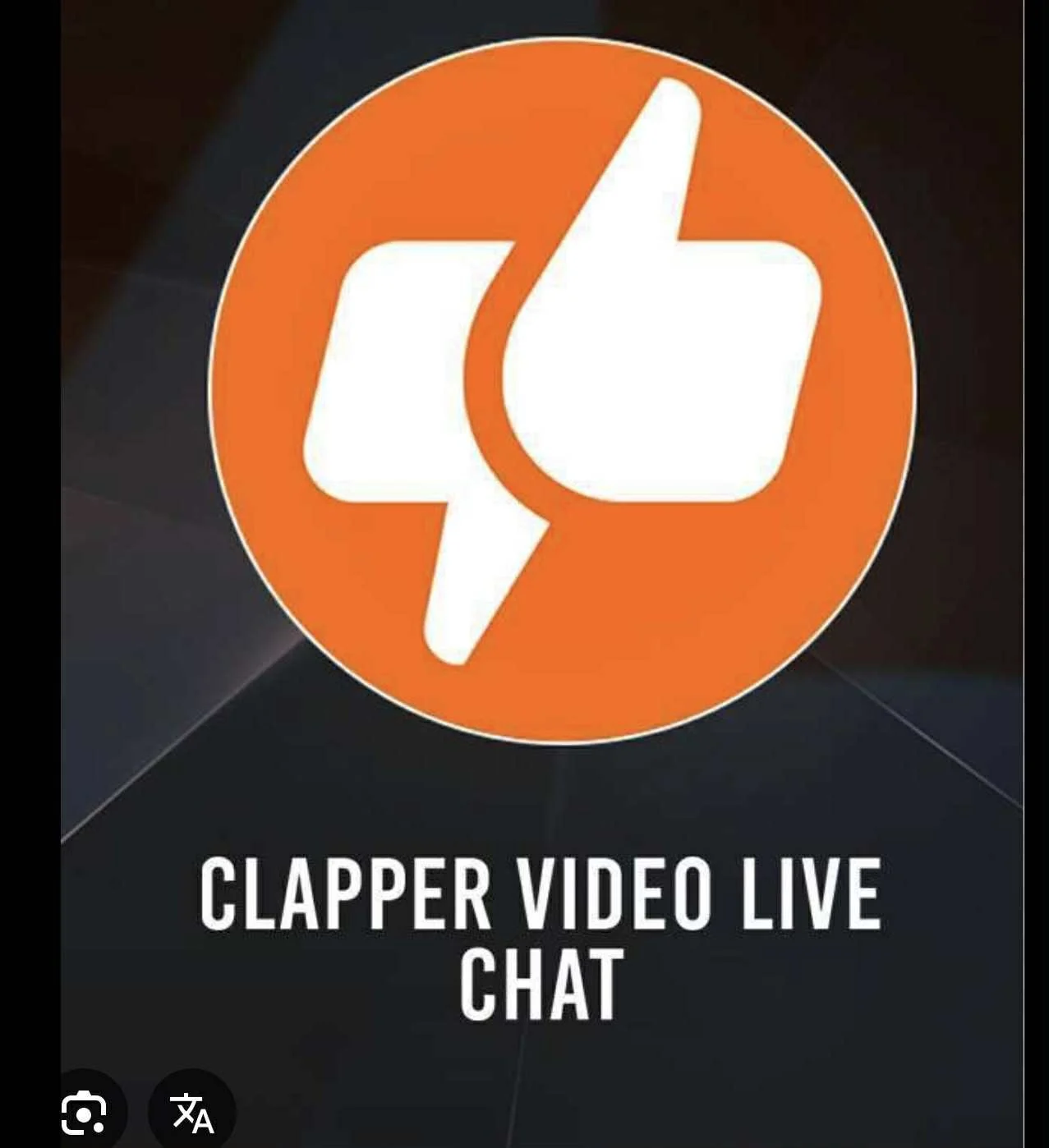 Logo de Clapper avec un fond orange, une icône d'une main faisant un signe de pouces levé avec un éclair bleu, et le texte "Clapper Video Live Chat" en blanc en dessous.
