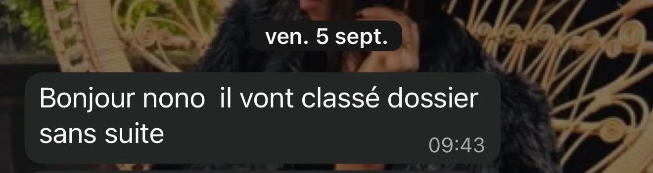 Message WhatsApp en français mentionnant une classification de dossier sans suite, daté du vendredi 5 septembre à 09h43.