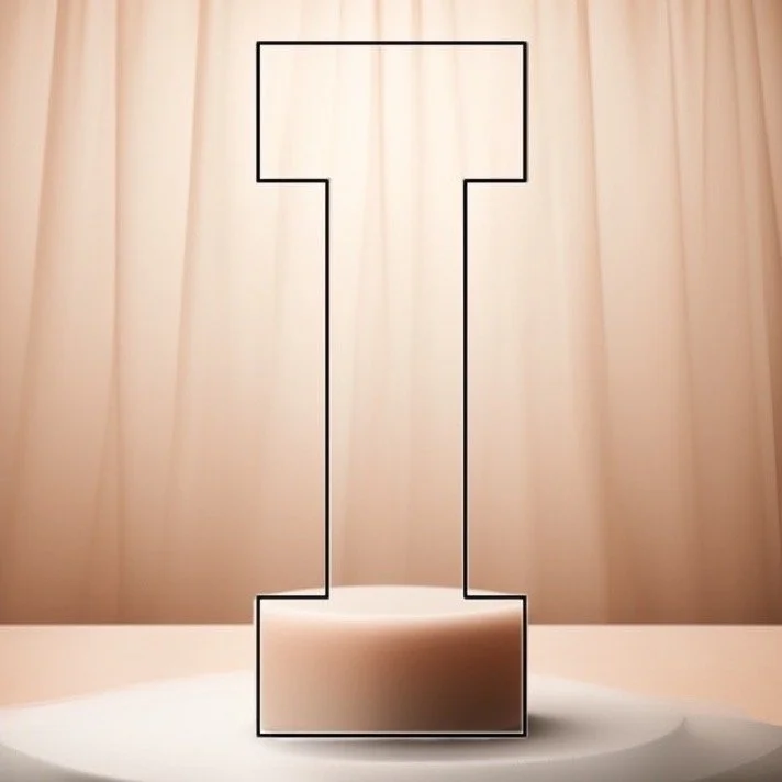 Une silhouette de trophée représentant la lettre T, sur un fond de rideaux beige pâle.