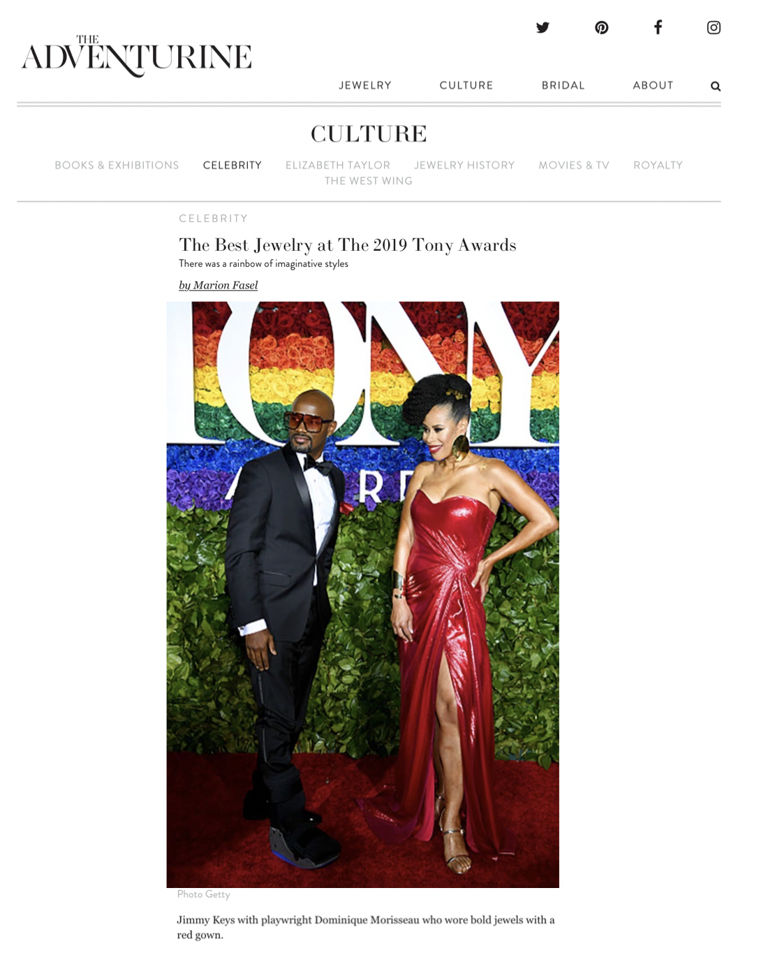 Adventurine — The Best Jewlery at the 2019 Tony Awards. Dominique Morisseau in a red shinny gown on the red carpet, styled by Chandra Moore.