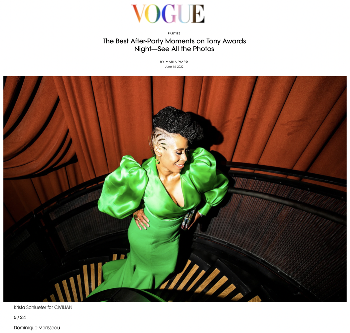 Dominique Morisseau in a custom green Sergio Hudson gown at the Vogue Tony Awards after-party, styled by Chandra Moore. Featured in Vogue.
