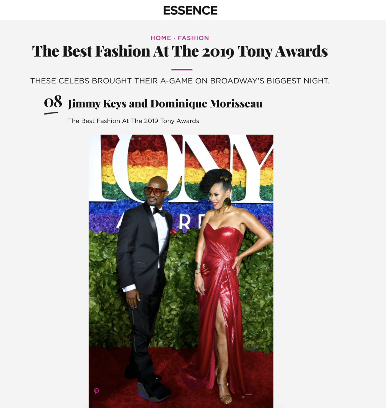 Essence — The Best Fashion at the 2019 Tony Awards. Dominique Morisseau in a red shimmer gown on the red carpet, styled by Chandra Moore.