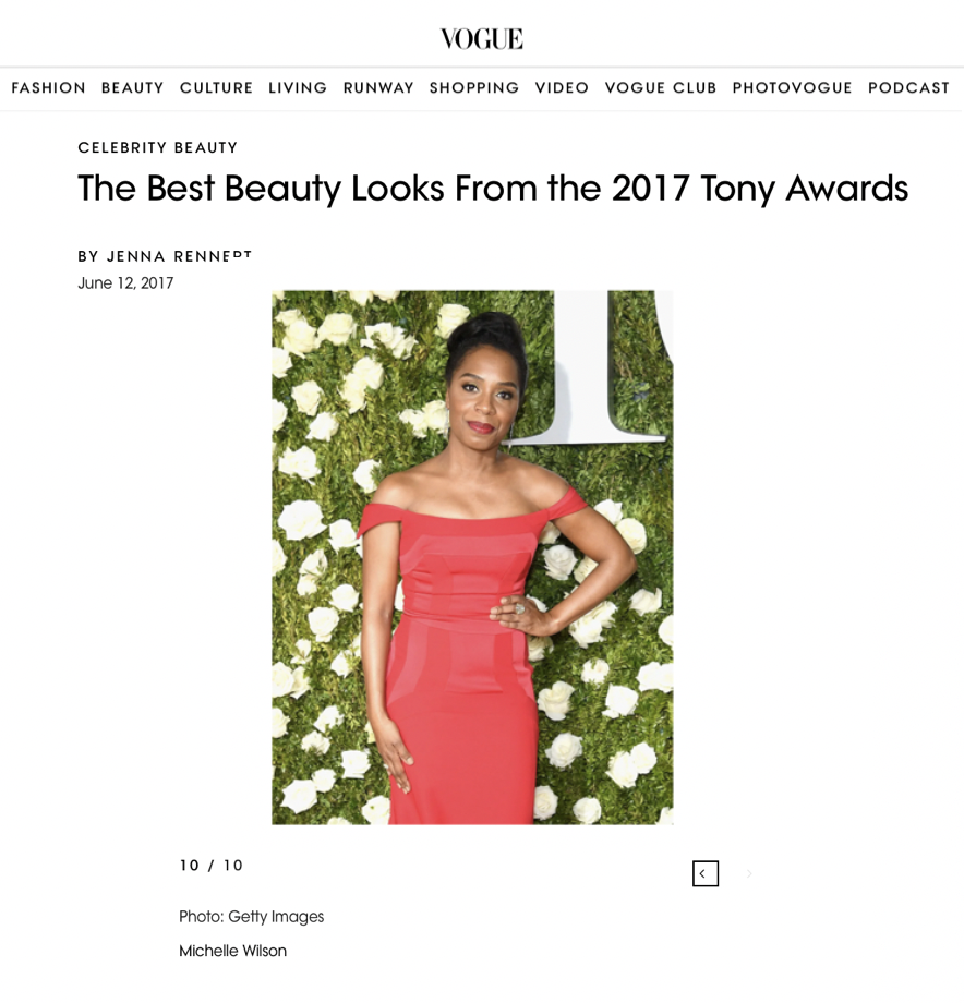 Vogue — Best Beauty Looks From the 2017 Tony Awards. Michelle Wilson in a red gown on the red carpet, styled by Chandra Moore.
