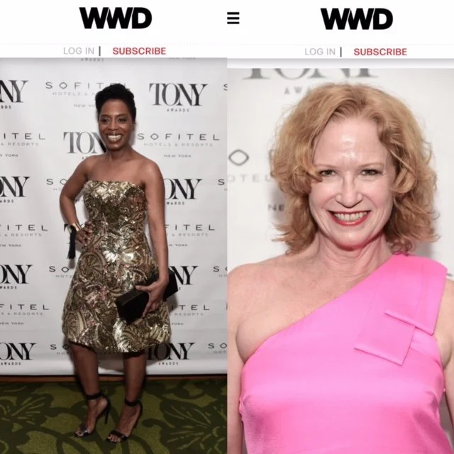 Michelle Wilson in a gold dress and Johanna Day in a pink dress at the Tony Awards Dinner.  Styled by Chandra Moore. Featured in WWD.