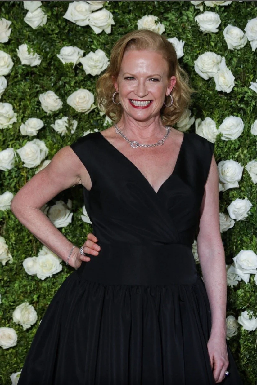 Close-up of Johanna Day in a black evening gown at the Tony Awards, styled by Chandra Moore.